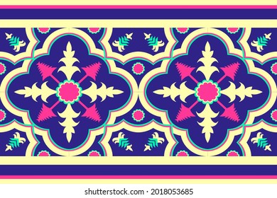 Design of Native Textile with Navy background and Moroccan floral pattern for fabric pattern, Embroidery, wallpaper, Decoration.