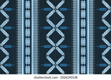 Design of Native Textile with Navy background and blue Geometric flower pattern for fabric pattern, Embroidery, wallpaper, Decoration.