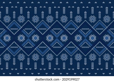 Design of Native Textile with Navy background and blue Geometric floral pattern for fabric pattern, Embroidery, wallpaper, Decoration.