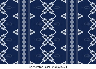 Design of Native Textile with Navy background and blue Geometric flower pattern for fabric pattern, Embroidery, wallpaper, Decoration.