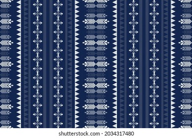 Design of Native Textile with Navy background and blue Geometric flower pattern for fabric pattern, Embroidery, wallpaper, Decoration.