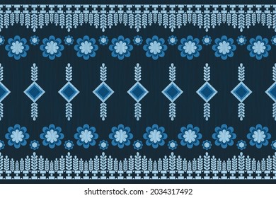 Design of Native Textile with Navy background and blue Geometric flower pattern for fabric pattern, Embroidery, wallpaper, Decoration.