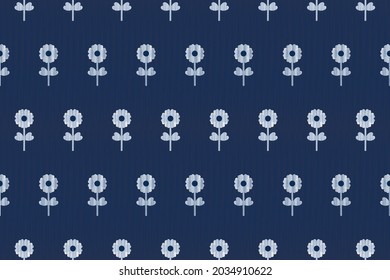Design of Native Textile with Navy background and Floral White Geometric silk pattern for fabric pattern, Embroidery, wallpaper, Decoration.
