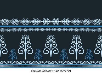 Design of Native Textile with Navy background and Floral Blue Geometric silk pattern for fabric pattern, Embroidery, wallpaper, Decoration.