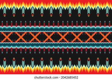 Design of Native Textile with Navy background and Floral Bohemian Orange, Green Geometric pattern for fabric pattern, Embroidery, wallpaper, Decoration.