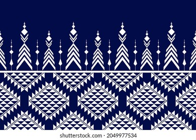 Design of Native Textile with Navy background and White Traditional Geometric pattern for fabric pattern, Embroidery, wallpaper, Decoration.