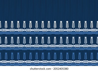 Diseño de Tejido Nativo con fondo naval y patrón Geométrico Floral Azul para patrón de tela, Bordado, tapicería, Decoración.