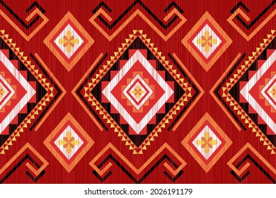 Design of Native Textile with Red background and Floral Geometric pattern for fabric pattern, Embroidery, wallpaper, Decoration.