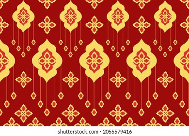 Design of Native Textile with Red background and Yellow Traditional Geometric pattern for fabric pattern, Embroidery, wallpaper, Decoration.