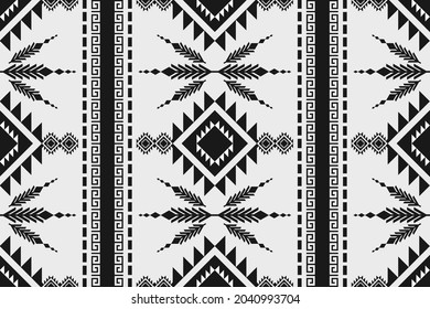 Design of Native Textile with White background and Bohemian Floral Black Geometric silk pattern for fabric pattern, Embroidery, wallpaper, Decoration.