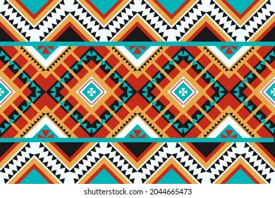 Design of Native Textile with White and Orange  background and Bohemian Black, Mint Geometric pattern for fabric pattern, Embroidery, wallpaper, Decoration.