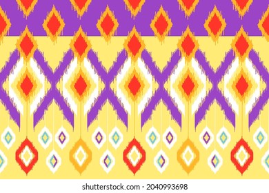 Design of Native Textile with Yellow and purple background and Bohemian ikat pattern for fabric pattern, Embroidery, wallpaper, Decoration.