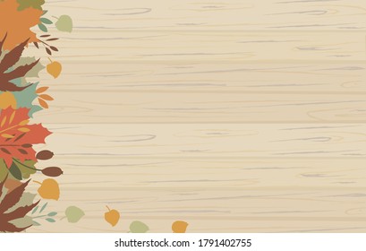 design with natural autumn background. Leaves of various trees on a wooden surface. Add your text about important information. Vector illustration