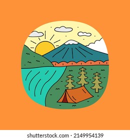 design of nature camp lake and mountain for badge patch emblem graphic vector art t-shirt design