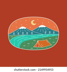 Design Of Nature Camp Sea And Mountain On The Night For Badge Patch Emblem Graphic Vector Art T-shirt Design