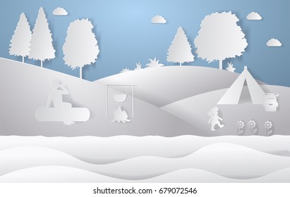 Design of nature landscape. Colorful paper cut style. Camping vector illustration.