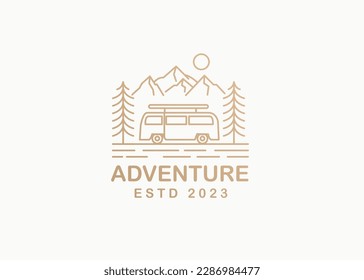 Design of nature mountain and camping in mono line art for t-shirt, badge, sticker, etc	