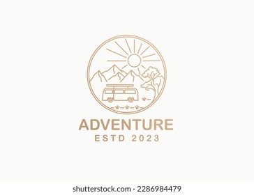 Design of nature mountain and camping in mono line art for t-shirt, badge, sticker, etc	