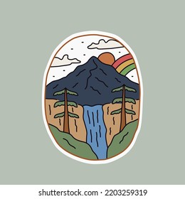 design of nature mountain and waterfall rainbow for badge, sticker, patch, t shirt design, etc