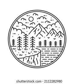 design of nature, mountains, sea, cliffs in mono line art, patch badge design, emblem design, T-Shirt Design