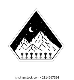 design of nature, mountains, tress in mono line art, patch badge design, emblem design, T-Shirt Design