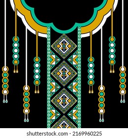 design for neck fashion background, wallpaper, clothing, and wrapping. Geometric ethnic oriental pattern traditional, Moroccan kaftans tribe diamond and circle hanging art necklace embroidery style.