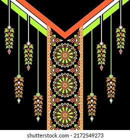 design for neck fashion background, wallpaper, clothing, and wrapping. Geometric ethnic oriental pattern traditional, Moroccan kaftans mandala and hanging bushes art necklace embroidery style.