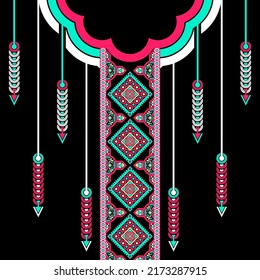 design for neck fashion background, wallpaper, clothing, and wrapping. Geometric ethnic oriental pattern traditional, Moroccan kaftans tribe diamond and circle hanging art necklace embroidery style.