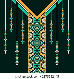 design for neck fashion background, wallpaper, clothing, and wrapping. Geometric ethnic pattern traditional, Moroccan kaftans mandala diamond and diamond amulet  hanging art necklace embroidery style.