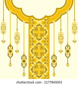 design for neck fashion background, wallpaper, clothing, and wrapping. Geometric ethnic pattern traditional, Moroccan kaftans golden tribe diamond and amulet hanging art necklace embroidery style.
