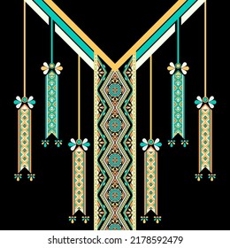 design for neck fashion background, wallpaper, clothing, and wrapping. Geometric ethnic pattern traditional, Moroccan kaftans tribe diamond and tribe flag hanging art necklace embroidery style.