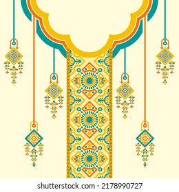 design for neck fashion background, wallpaper, clothing, and wrapping. Geometric ethnic pattern traditional, Moroccan kaftans tribe diamond and diamond dream catcher art necklace embroidery style.