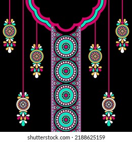 design for neck fashion background, wallpaper, clothing, and wrapping. Geometric ethnic pattern traditional, Moroccan kaftans tribe circle with star and dream catcher art necklace embroidery style.