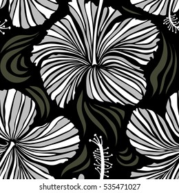 Design in neutral and white colors for print, wedding, greeting cards. Watercolor hand drawing style on black background. Floral seamless pattern with hibiscus flowers. Vector hibiscus floral pattern.