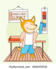 Design a new carpet. Cartoon character cute fox standing in childrens room with different rugs. Concept of choosing new carpet. Animal equips apartment, selects design for flooring, indoor decorating