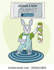 Design a new carpet. Cartoon character rabbit stands holds rolled rug in his hand in childrens room. Concept of choosing new carpet. Animal equips apartment, selects design for apartment and flooring