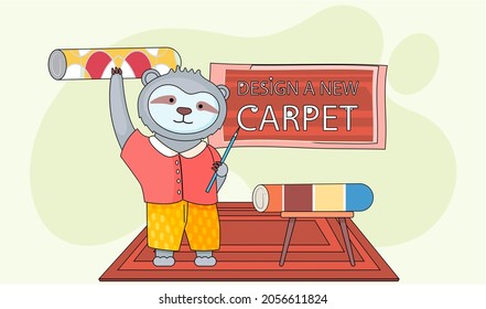 Design a new carpet. Cartoon character standing in childrens room with different rugs. Concept of choosing new carpet. Animal equips apartment, selects design for room and flooring, indoor decorating