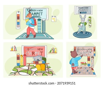 Design a new carpet. Cartoon character in childrens room with different rugs scenes set. Concept of choosing new carpet. Animal equips apartment, decorates, selects design for room and flooring