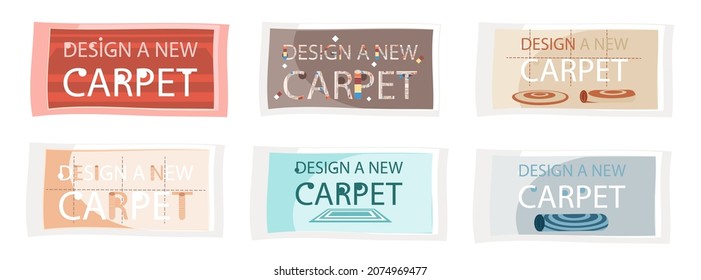 Design a new carpet flat vector banner, isolated on white background. Rug top view, floor covering. Poster with tapis and lettering for promotional products, interior element for textile store