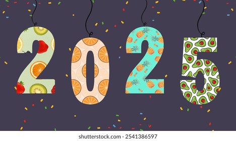 design of new year 2025 fruits themed. typography logo vector illustration. perfect for greeting card, calendar, background and more