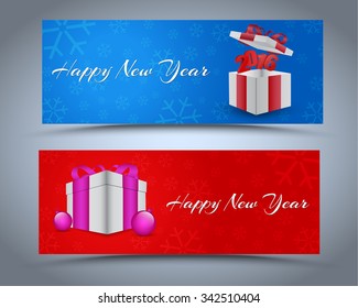 Design New Year banner with boxes for gifts on the background of snowflakes. Vector illustration. Set