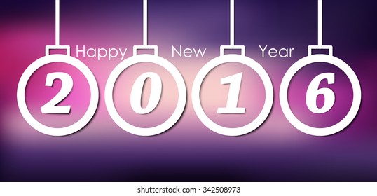 Design New Year banner with Christmas toys and the text within them in 2016 with a blurred pink background. Vector illustration