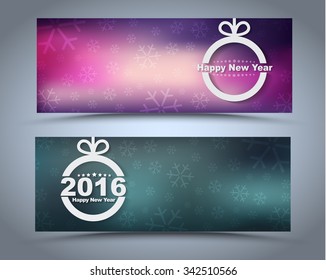 Design New Year banner with Christmas toys on a blurred background. Vector illustration. Set