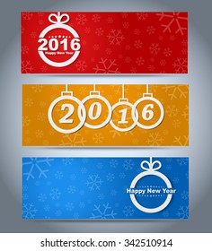 Design New Year banner with Christmas toys on the background of snowflakes. Vector illustration. Set