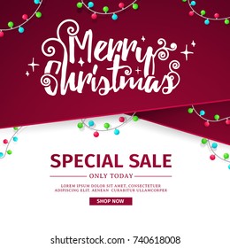 Design of a New Year banner with decoration from a red ribbon and a Christmas garland. Poster for Christmas Sale and happy holiday decoration. Vector