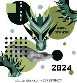 Design New Year greeting Card in trendy Bauhaus Geometric style with typography. Symbol 2024 New Year. Modern art with Chinese Dragon can used print, poster, banner. Vector illustration.