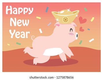 Design a new year with pig and silver cubes and greetings on a warm tone background.