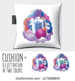 Design New Year vector pillow (cushion).
Merry Christmas holiday icons vintage circle composition.Isolated pillow with illustration in two colors .