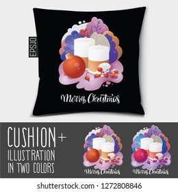 Design New Year vector pillow (cushion).
Merry Christmas holiday icons vintage circle composition.Isolated pillow with illustration in two colors .