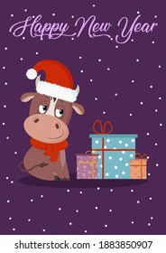 Design of a new year's card 2021 with the image of a cute bull.